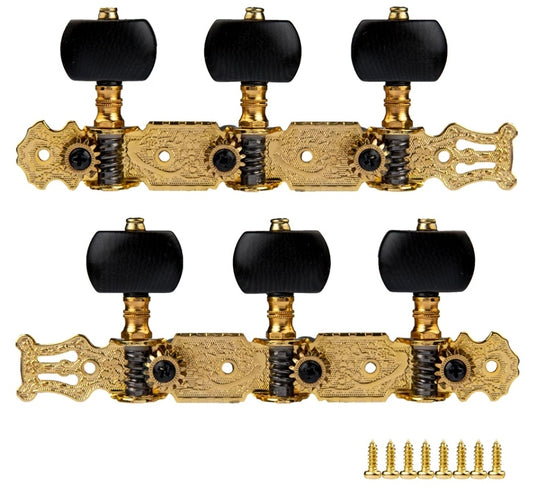 Gold classical guitar headstock and black pegs